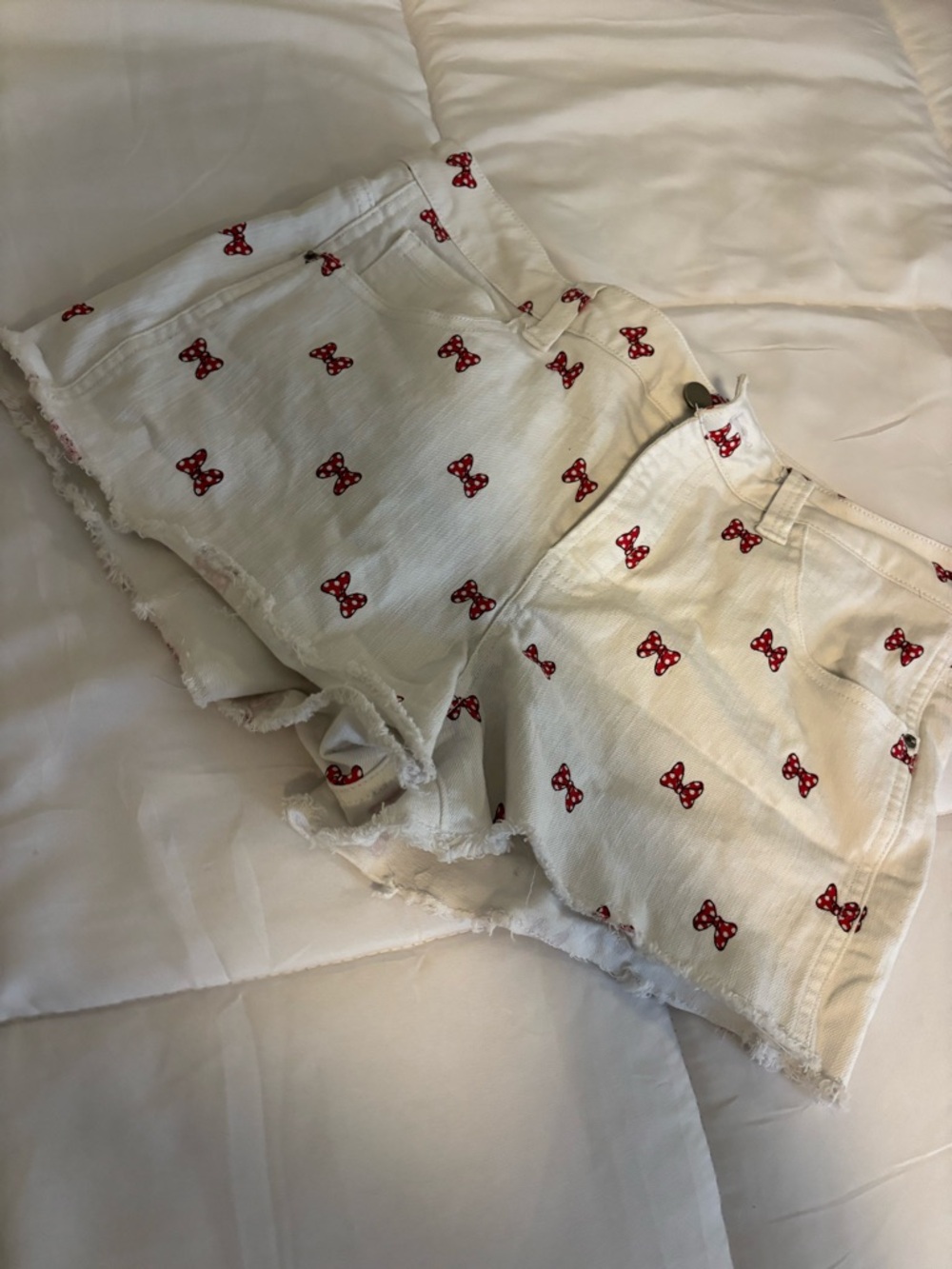 Disney White Denim Shorts with Red Bow Print